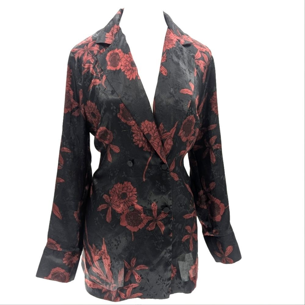 Zara Black Satin Blazer with Red Floral Print